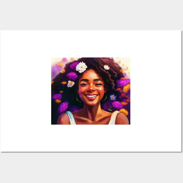 Afro girl happy portrait with flowers Wall Art by astronauticarte